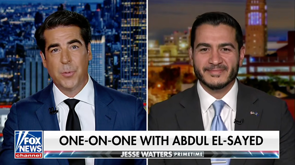 Fox News host Jesse Watters sparred with El-Sayed in a combative interview, but one that left Watters declaring that he likes the far-left Michigan Democrat (Fox News)