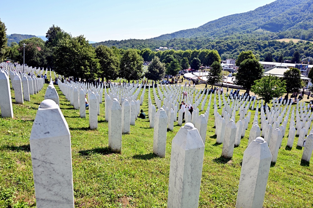 This photograph shows a view of the memorial cemetery in village of Potocari, near Eastern-Bosnian town of Srebrenica, on July 11, 2026, marking the 31st anniversary of Srebrenica genocide. (AFP/Getty)