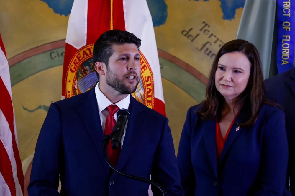 James Uthmeier (pictured left) was DeSantis’ former chief of staff when he allegedly recommended a nonprofit request a $5 million grant from Hope Florida – eventually funds landed in the lap of a political action committee he chaired (Getty)