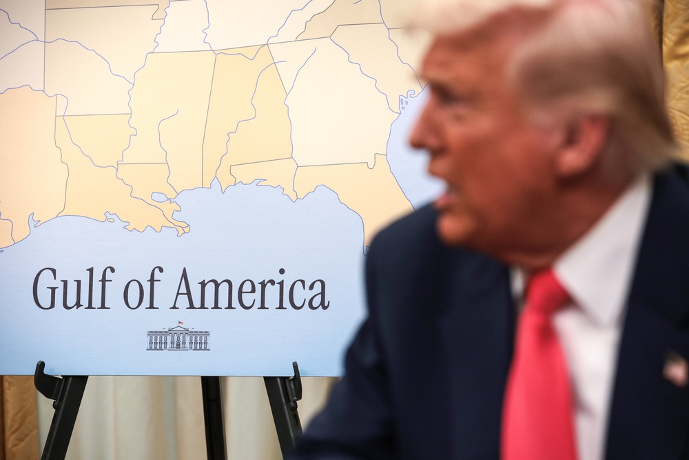 A map of the ‘Gulf of America’ is seen as U.S. President Donald Trump speaks before signing executive orders in the Oval Office of the White House in 2025 (Getty)