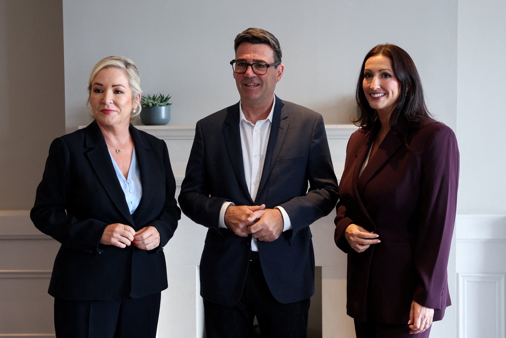 Prime Minister Andy Burnham meets with First Minister Michelle O’Neill (left) and Deputy First Minister Emma Little-Pengelly (PA) (PA Wire)