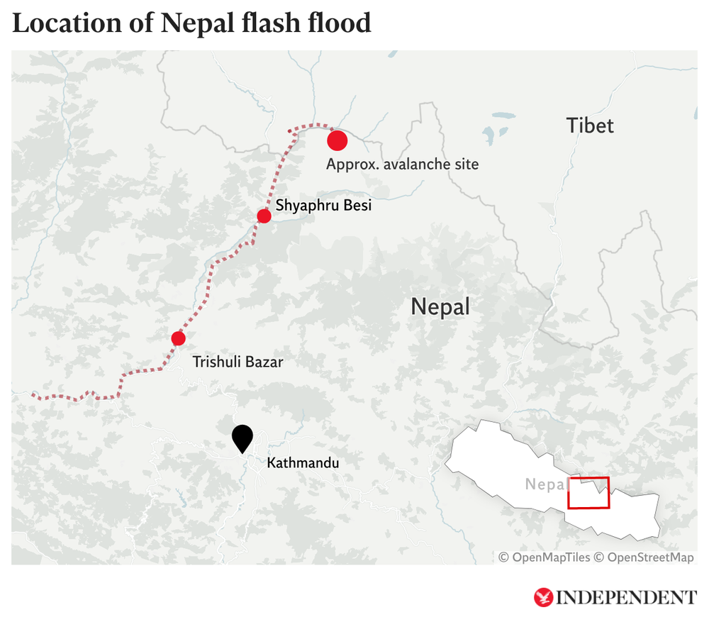 The red dotted line shows the route of the flooding along the Bhotekoshi and Trishuli rivers (The Independent)