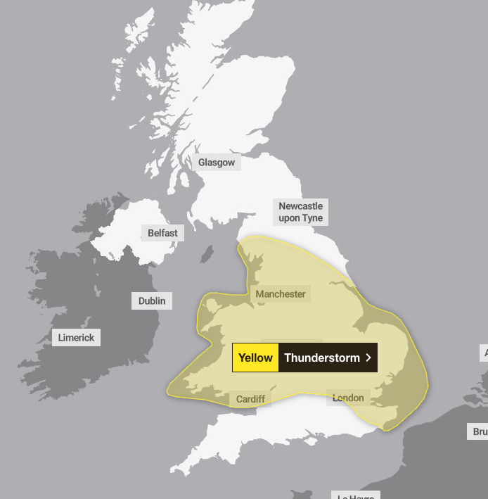 A yellow weather warning for thunderstorms is in place for Thursday (Met Office)