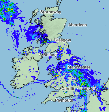 The Met Office has forecast 70 per cent rain coverage in London and Manchester on Saturday, while Cardiff is forecast to see 90 per cent rain coverage (pictured rainfall at 1pm) (Met Office)