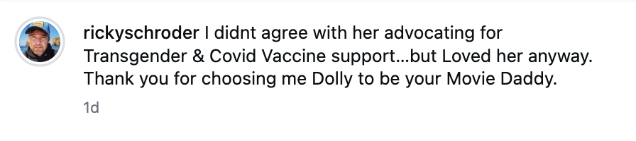 Schroder used his tribute to Parton to air his disagreement with her over Covid-19 vaccine support and trans rights (rickyschroder/Instagram)
