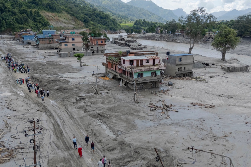 Aerial view of the destruction caused by the flash floods in Nuwakot, Nepal, on 27 August 2026 (AP)