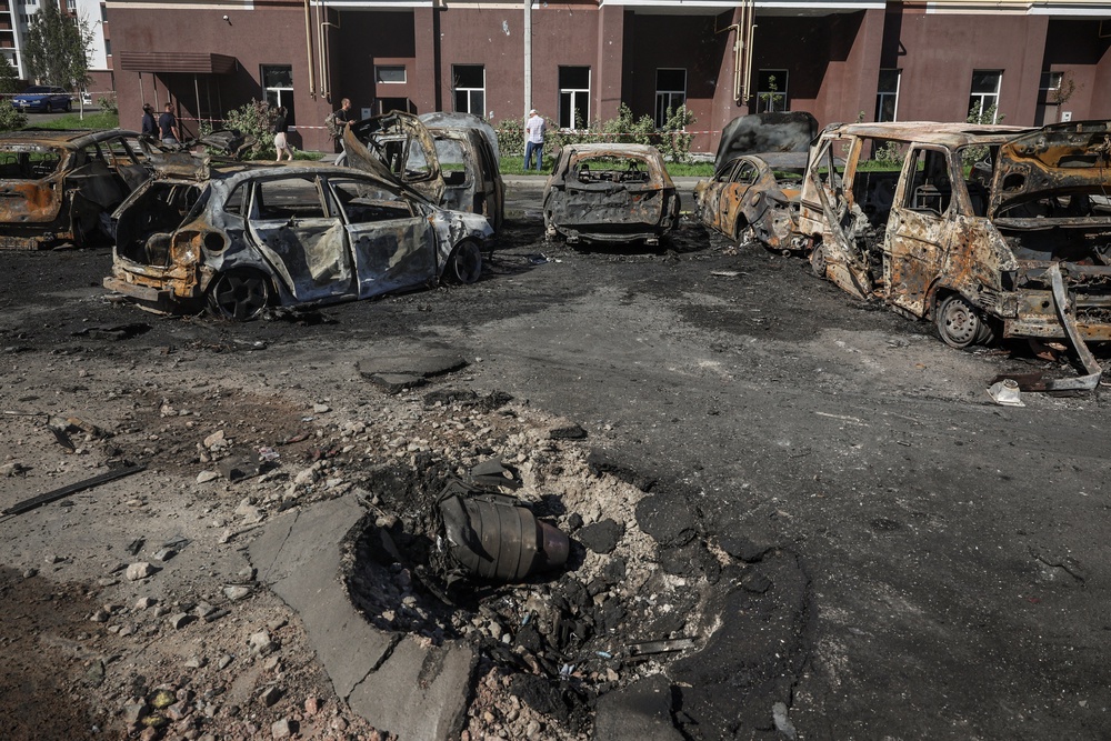 Parts of a shot-down kamikaze drone at a site of a Russian strike, amid Russia’s attack on Ukraine, in the town of Vyshneve in Kyiv region, Ukraine, August 28 (Reuters)