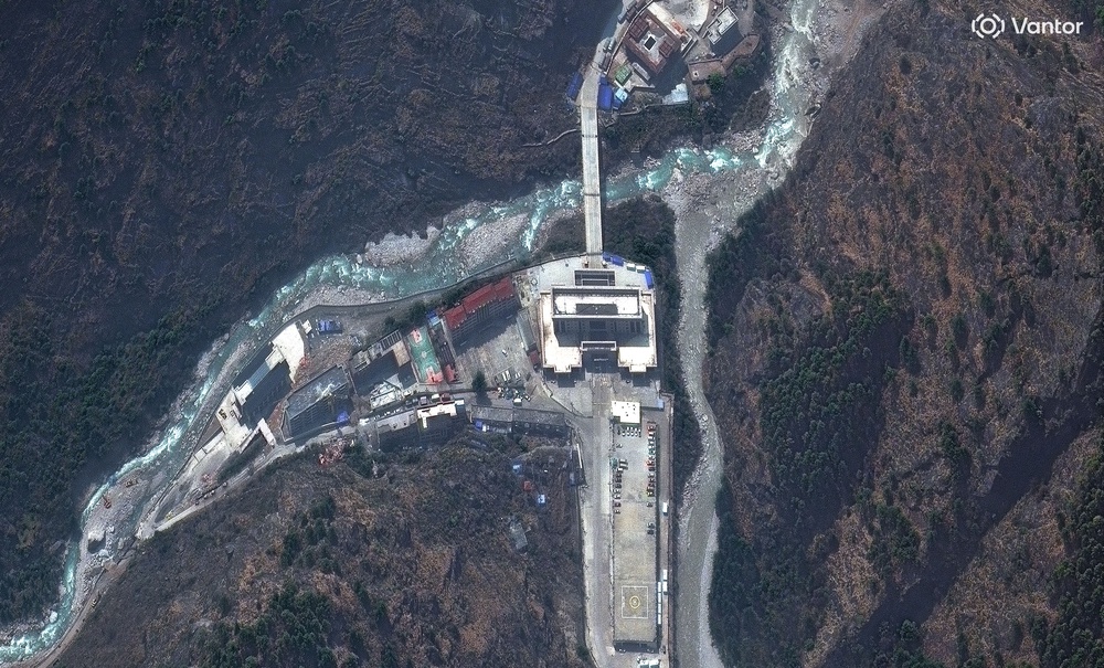 This satellite image provided by Vantor shows the China-Nepal border and the Rasuwagadhi border post in Nepal on 19 April 2024 (AP)
