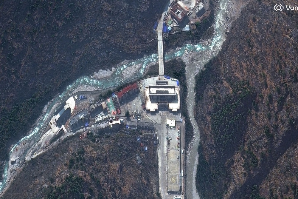 This satellite image provided by Vantor shows the China-Nepal border and the Rasuwagadhi border post in Nepal on 19 April 2024 (Vantor)