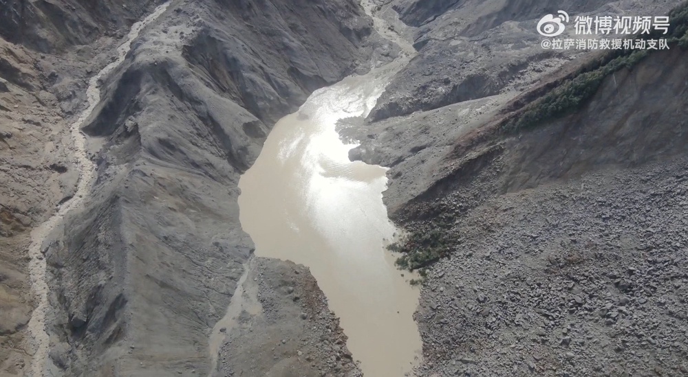 A drone view shows a barrier lake formed following a mudslide, in the border area between the Tibet Autonomous Region, China and Bagmati province, Nepal, 27 August 2026 (Reuters)