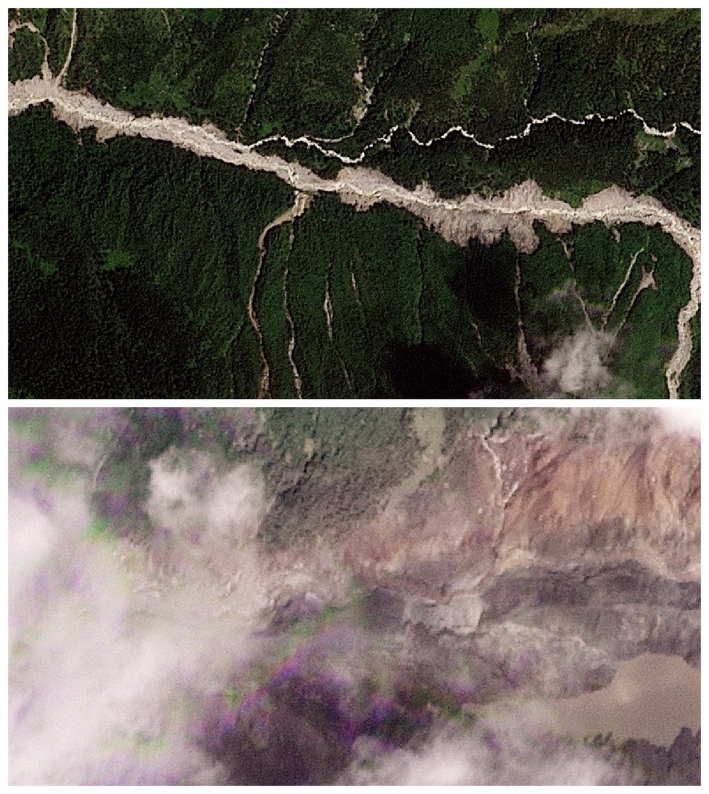 A combination of satellite images shows a site at the border of Nepal and Tibet Autonomous Region, China, before and after a barrier lake formed as a result of flash floods and a mudslide (Reuters)