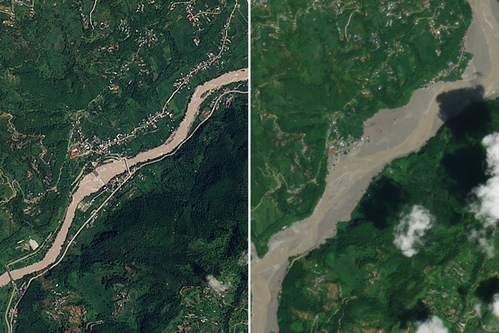 Bidur, Nepal before and after the flash floods that shook Nepal and Tibet on Wednesday (Planet Labs PBC)