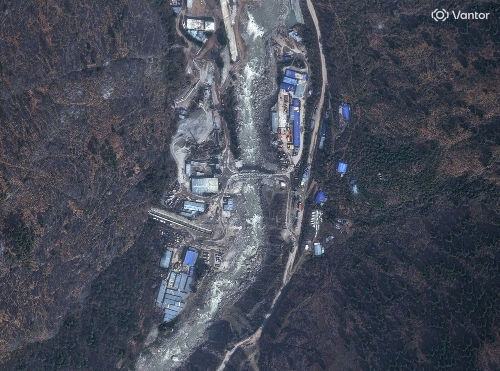 How the bridge and buildings on Trishuli River in Nepal looked in 2024 (Satellite image ©2026 Vantor via AP)