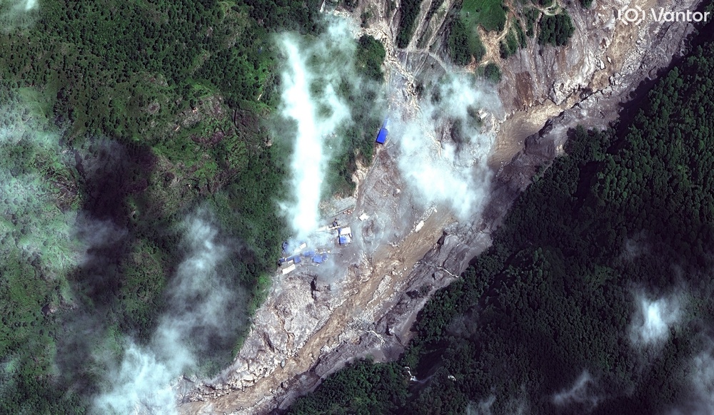 How the bridge and buildings on Trishuli River in Nepal looked after August’s flash floods (Satellite image ©2026 Vantor via AP)