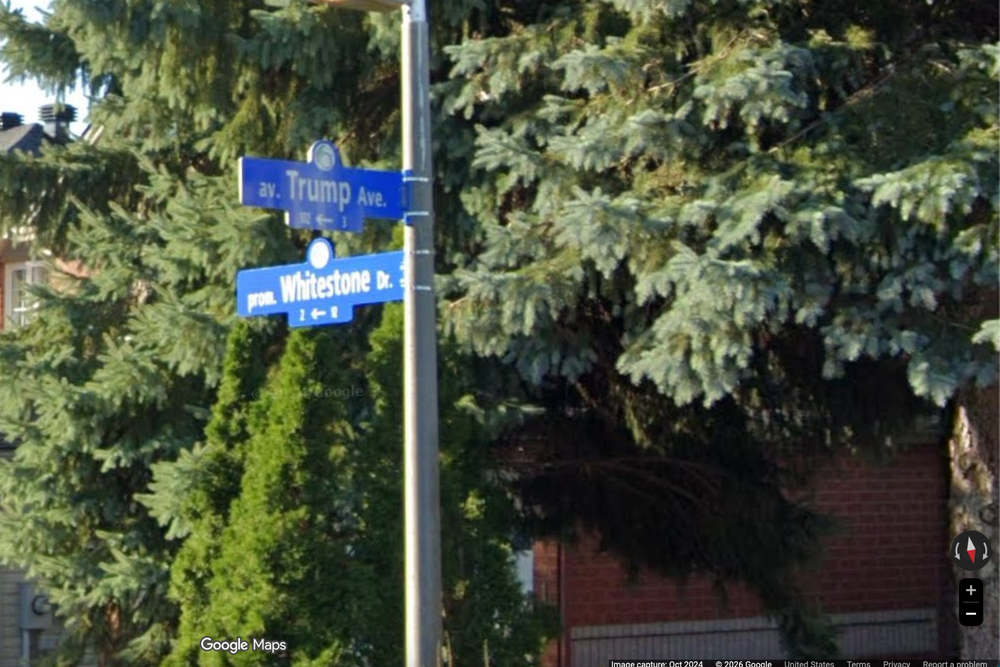 A street sign showing Trump Avenue in Ottawa's Central Park neighborhood. The street was named after President Donald Trump 25 years ago in keeping with the 'New York' theme of the neighborhood. The Ottawa City Council has voted unanimously to change the street's name (Google Maps)