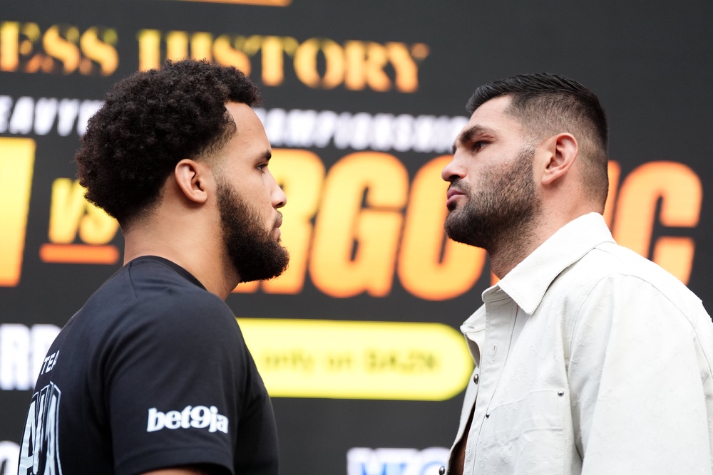 Moses Itauma (left) and Filip Hrgovic face off in the build-up to Saturday’s fight at The O2 (Adam Davy/PA). (PA Wire)