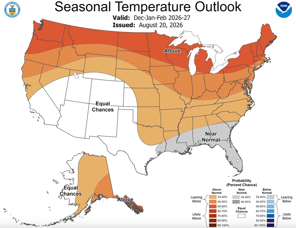 The seasonal temperature outlook from NOAA between December and February (NOAA)