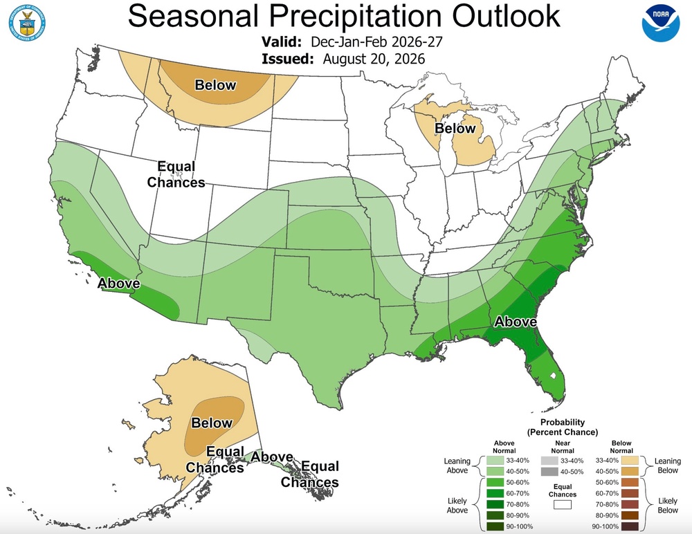 The seasonal precipitation outlook from NOAA between December and February (NOAA)