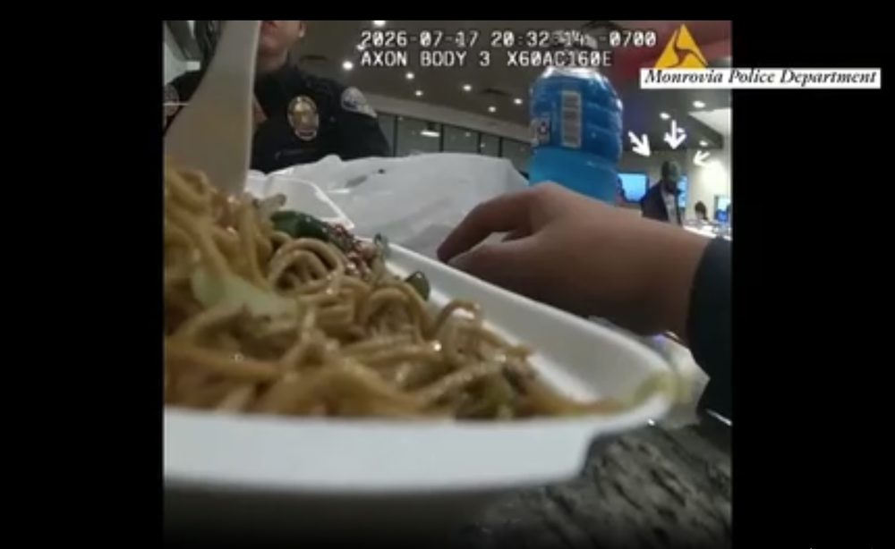 A California man who twice escaped police by running onto a freeway was finally taken into custody after he happened to walk into the same Panda Express where officers were eating lunch. Officers noticed the wanted man, pictured in the upper right-hand corner, enter Panda Express while they were sitting down, eating their meals (Monrovia Police Department)