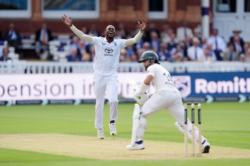 England’s Jofra Archer reacts on day two of the second Rothesay Test (Ben Whitley/PA) (PA Wire)