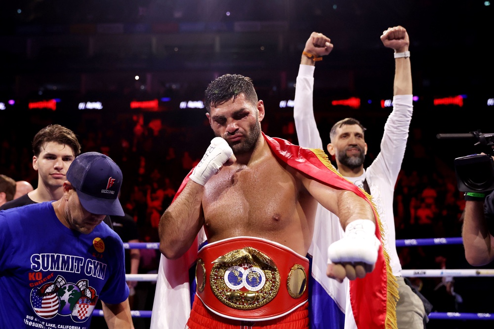 Filip Hrgovic celebrates after winning the IBF World Heavyweight title bout against Moses Itauma at The O2 Arena in London (PA Wire)