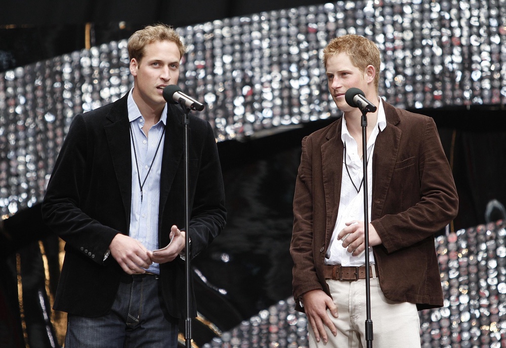 William and Harry speak to the crowd at Wembley Stadium during the Concert for Diana in 2007 (Stephen Hird/PA)