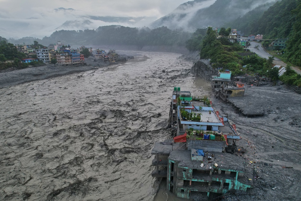 A drone view of the aftermath of flash flooding along the Trishuli river amidst fresh water surge warning in the Trishuli Bazaar area of Nuwakot district, Nepal (AP)