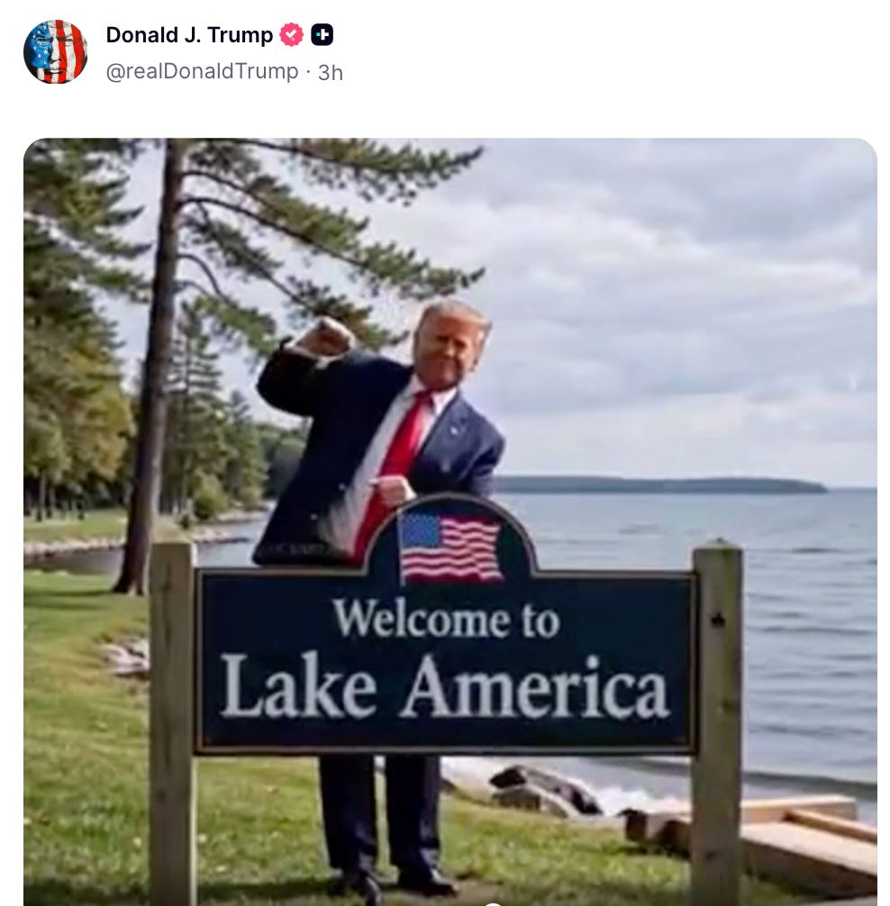 Trump posted another AI-generated video that shows the president knocking over a sign for Lake Ontario then dancing to the Village People (@RealDonaldTrump, Truth Social)