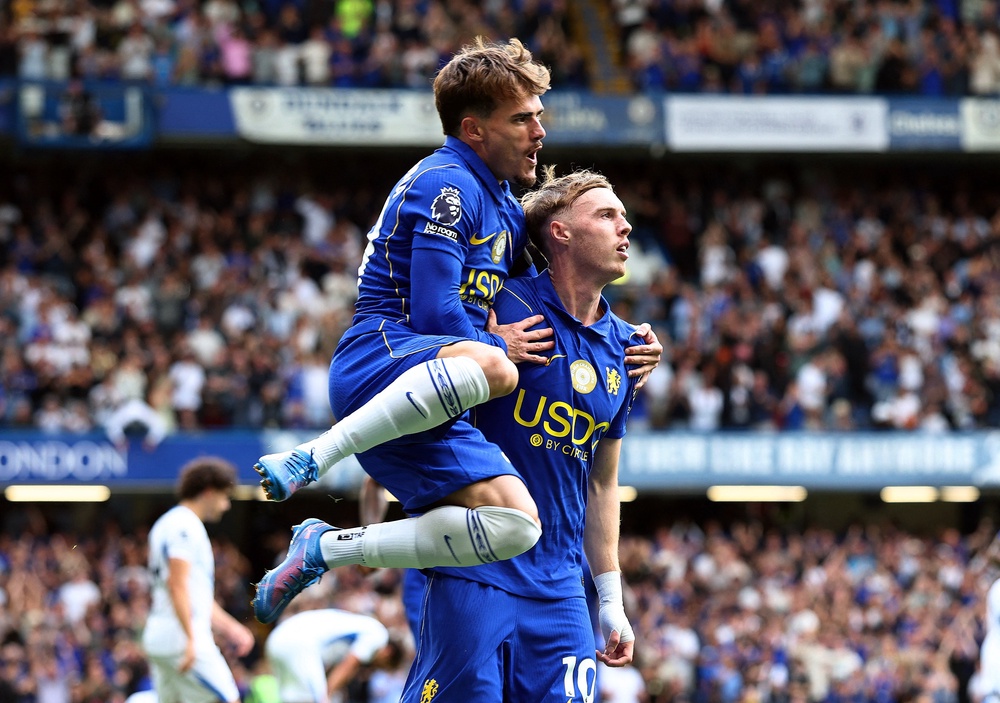 Chelsea's Cole Palmer celebrates scoring their fourth goal with Pep Chavarria (Reuters)