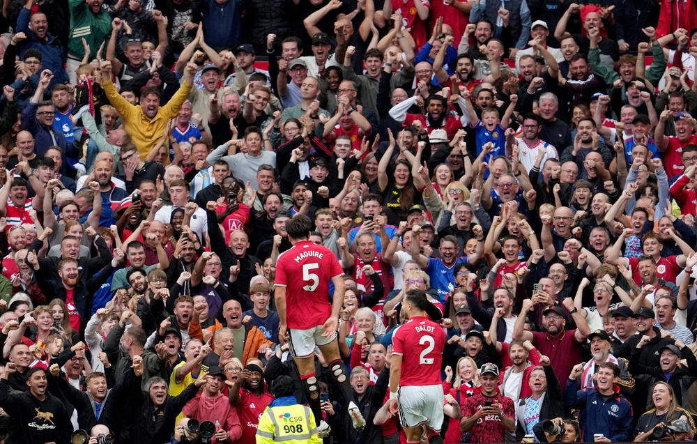Manchester United's Harry Maguire celebrates their second goal (Reuters)
