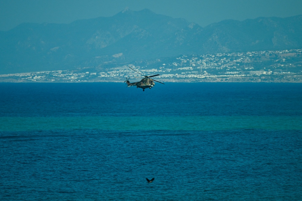 A Turkish helicopter searches the waters during a rescue operation off the coast of Kyrenia, in the self-proclaimed Turkish Republic of Northern Cyprus (TRNC), recognised only by Turkey, on August 30, 2026, after a ferry capsized. (AFP/Getty)