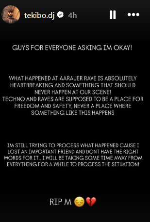 Statement post by Swiss DJ Tekibo who was performing at the rave (Instagram/Tekibo.DJ)