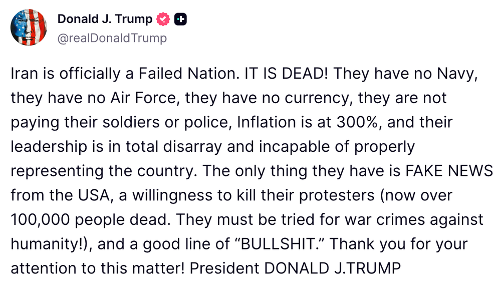 Donald Trump called Iran a ‘failed nation’ (@realDonaldTrump/Truth Social)