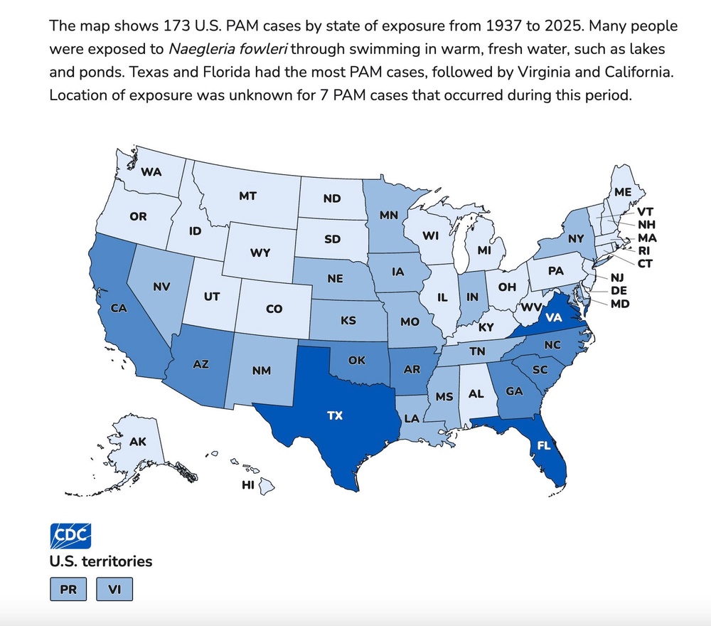This Centers for Disease Control and Prevention map shows where cases of Naegleria fowleri have been the highest across the U.S. from 1937 to 2025. The states shaded in the darkest blue color have the highest numbers and those in grey, with lower cases represented by lighter and lighter blues. Those in grey have not seen any cases (CDC)
