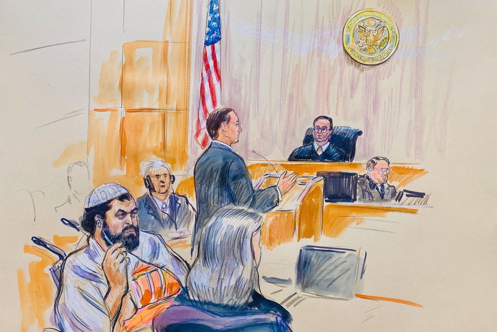 A courtroom sketch shows Rahmanullah Lakanwal, 29, seated left (Dana Verkouteren)