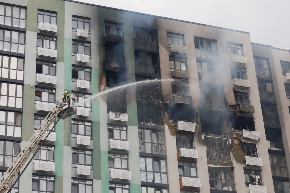Russia has launched increasing numbers of jet-powered drones at Kyiv. This image shows the impact after an attack on Tuesday 1 September (Reuters)