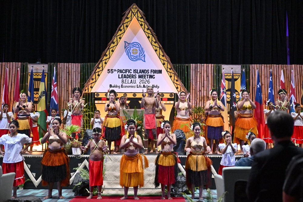 Traditionally dressed artists perform during the opening ceremony of the 55th Pacific Islands Forum Leaders Meeting in Koror (AFP/Getty)
