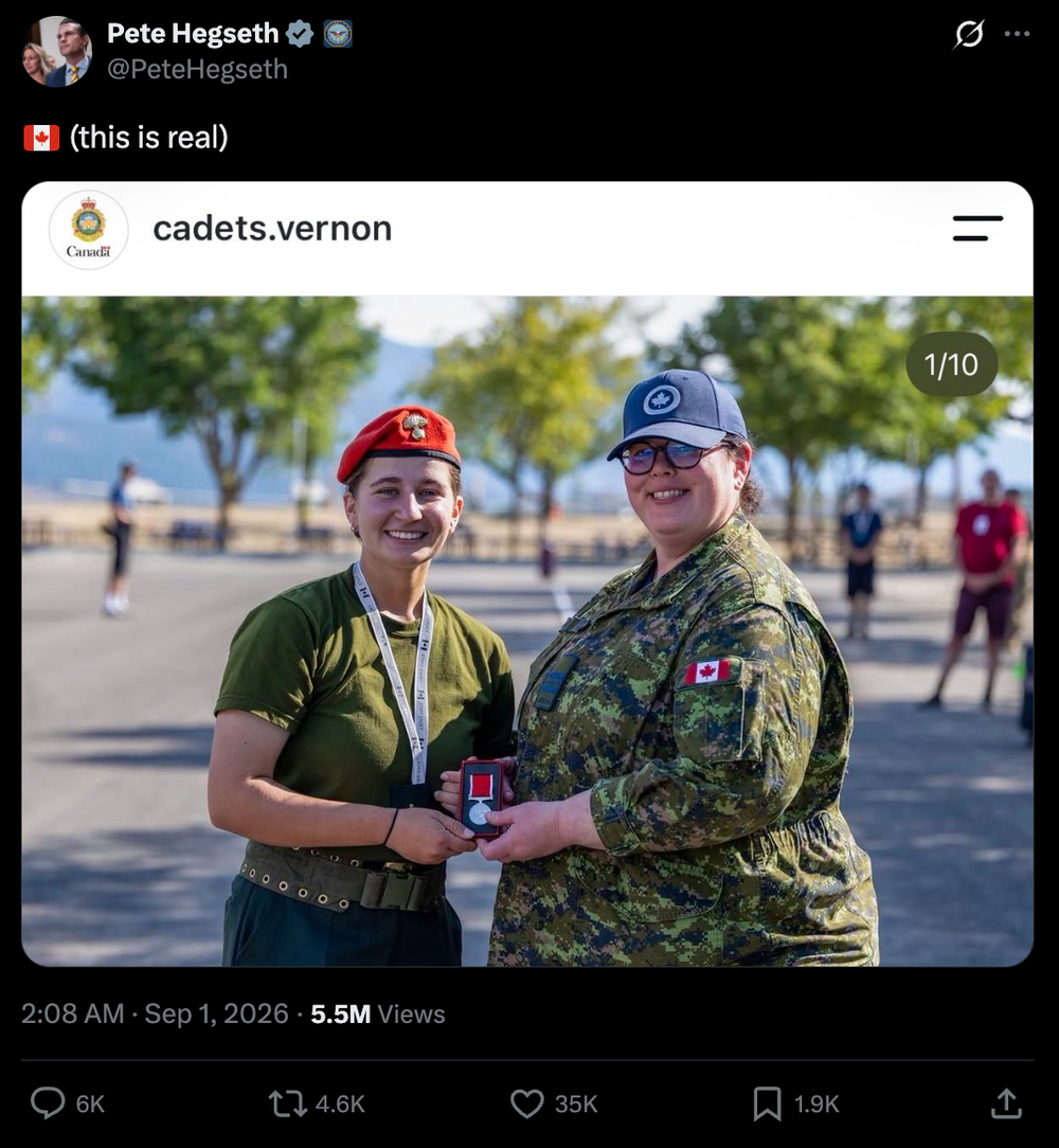 Defense Secretary Pete Hegseth is facing criticism for 'body shaming' a Canadian youth cadet instructor on social media (Pete Hegseth/X)