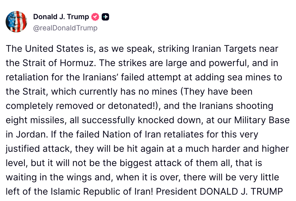 Trump warns Iran against retaliating to attacks (Truth Social)