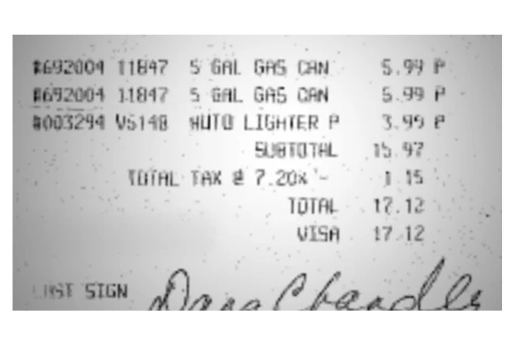 A receipt shows Dana Chandler’s purchase of two five-gallon gas cans the day before the killings, which prosecutors say she did to make the round trip between her home in Denver, Colorado, and Topeka without being seen (Shawnee County District Attorney's Office)