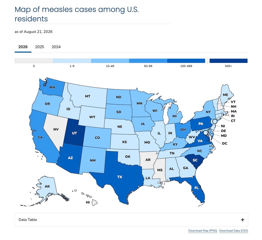 This Centers for Disease Control and Prevention map shows measles cases in the U.S. The darkest blue states, including Pennsylvania, have the highest case levels, with levels falling along the color gradient from blue to white (CDC)