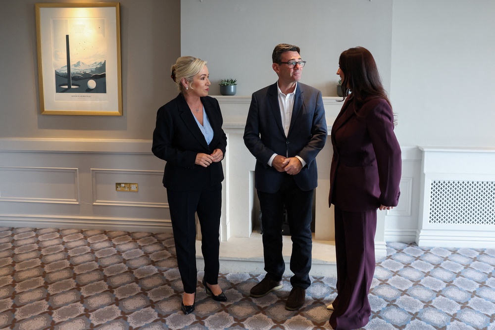 Prime Minister Andy Burnham meeting with First Minister Michelle O’Neill (left) and deputy First Minister Emma Little-Pengelly in Belfast (Cathal McNaughton/PA) (PA Wire)