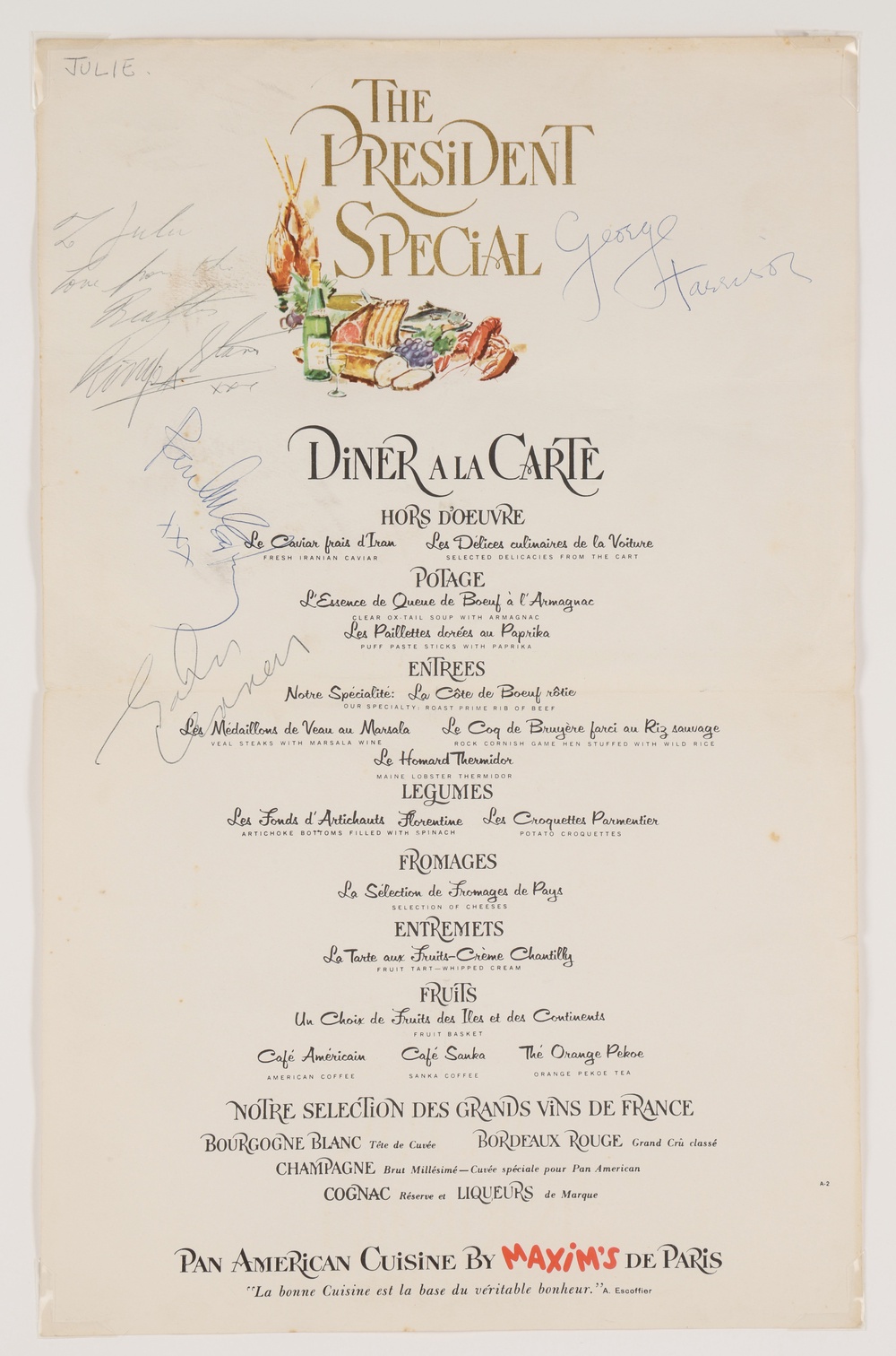 A Pan American Airways menu signed by all four members of The Beatles during their first flight to the US (Propstore/PA)