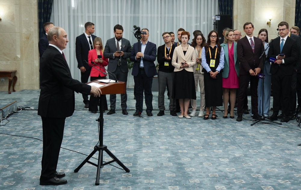 Russia's president Vladimir Putin meets with the media after the Shanghai Cooperation Organisation (SCO) summit in Bishkek (AFP/Getty)