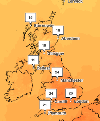The warm weather is forecast to last until Sunday, which will also see highs of 26C (Met Office)