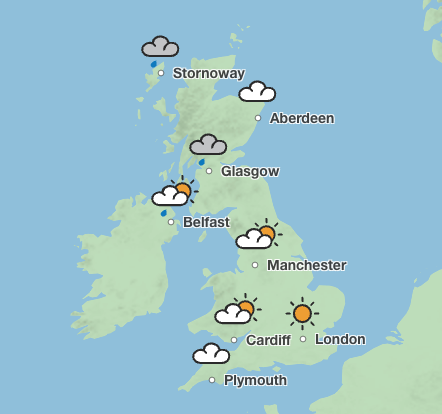 England and Wales are forecast to see sunny weather on Sunday, while showers sweep across Scotland (Met Office)
