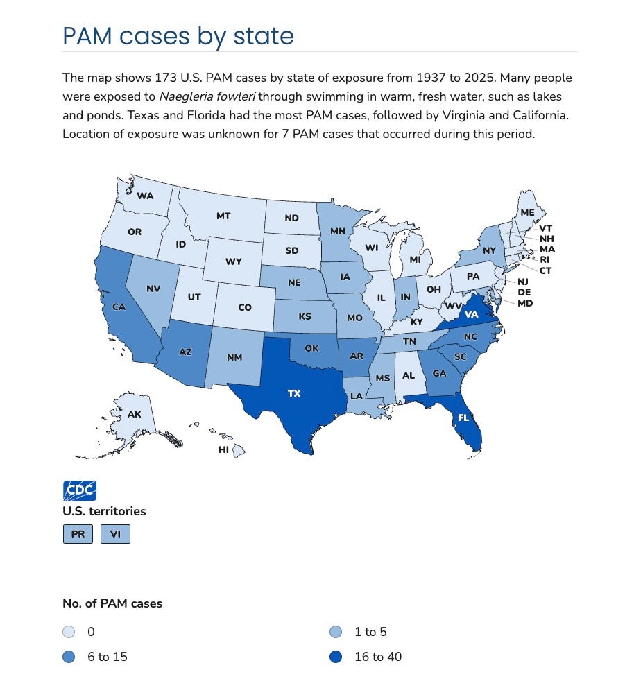 This Centers for Disease Control and Prevention map shows the states with the most infections from Naegleria fowleri between 1937-2025. Southern and Mid-Atlantic states have reported the most cases, indicated by their dark blue shading. The states with the fewest cases are in gradually lighter blues (CDC)