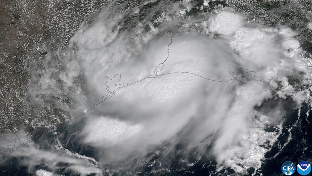 Tropical Storm Edouard nears landfall along the Texas and Louisiana coast in this Tuesday image from a federal satellite. The storm has weakened - but forecasters say impacts will linger into Wednesday (NOAA)