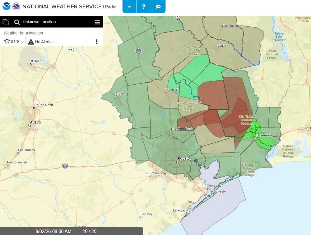 This National Weather Service map shows the area most impacted by flash flooding, with the worst-hit areas in dark red and bright green (National Weather Service Houston-Galveston Texas/Facebook)