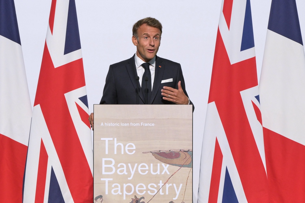 French President Emmanuel Macron speaking during a visit to the Bayeux Tapestry Exhibition at the British Museum (Thomas Krych/PA) (PA Wire)